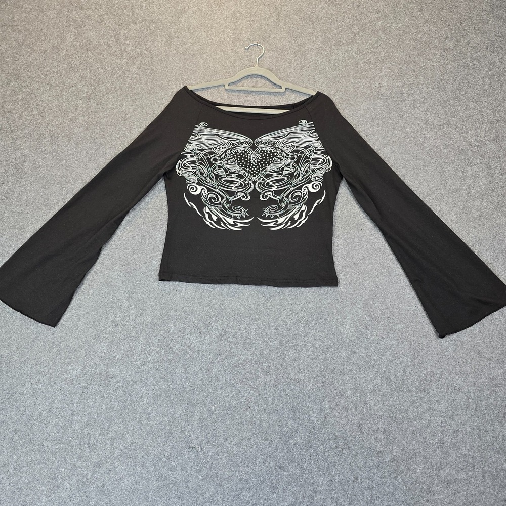 Women Top Large Black Graphic Print Fairycore Heart & Wings Print Flounce Sleeve